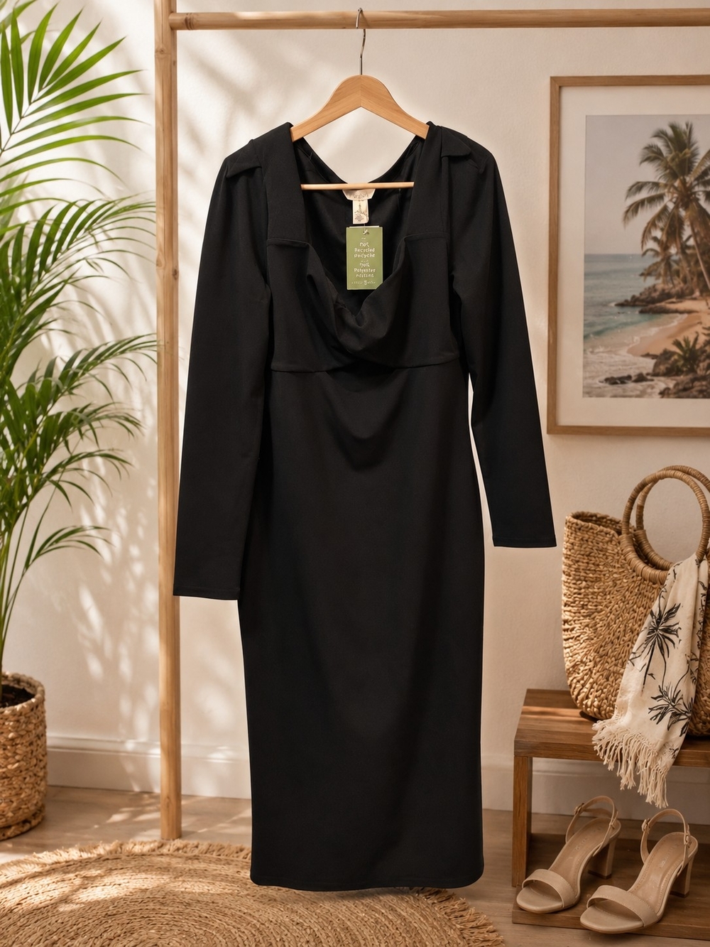 H&M Black Long-Sleeve Cowl Neck Midi Dress